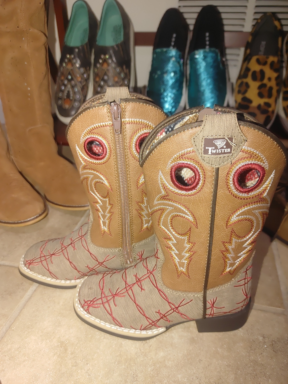 Twister Kids Tan & Brown Cowboy Boots with Red Stitching